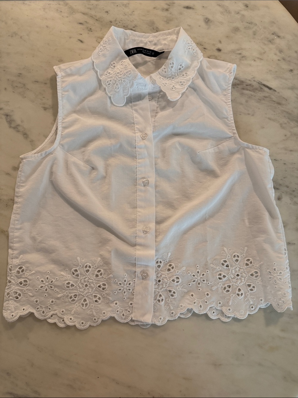 Zara White Eyelet Scalloped Collar Sleeveless Blouse